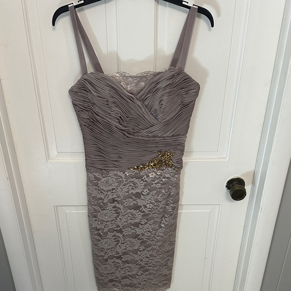 Social Occasions by Mon Cheri Lace Midi Dress in Taupe with Gold Detail